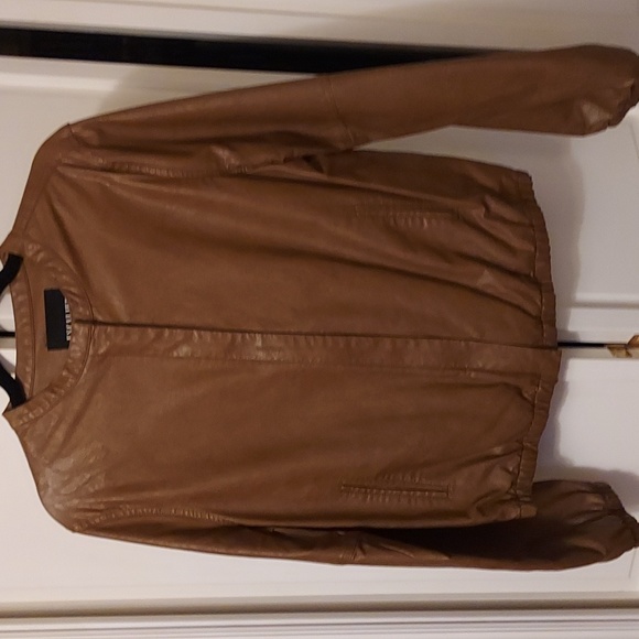 Bomber Jacket faux leather brown camel elasticized sleeves ladies size L - Picture 5 of 12